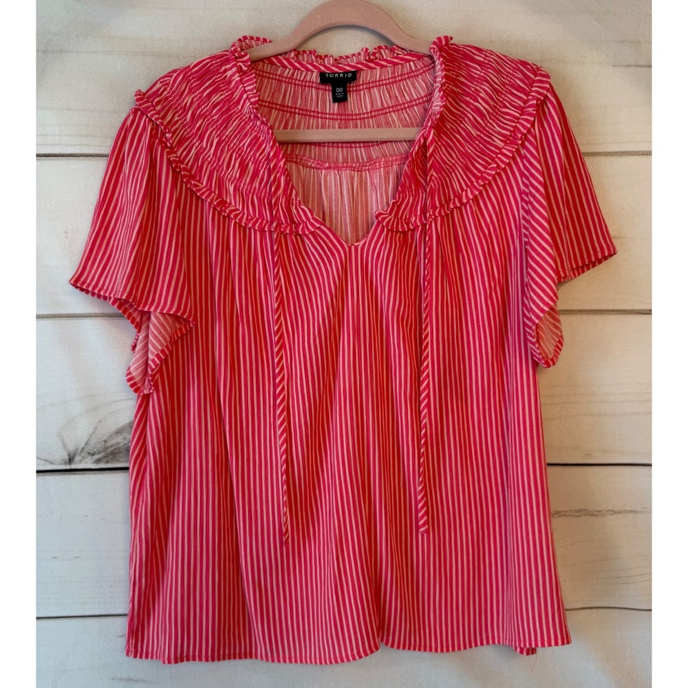 Torrid Pink White Striped Smocked Ruffle Neck Tie Blouse Top 00 M L
